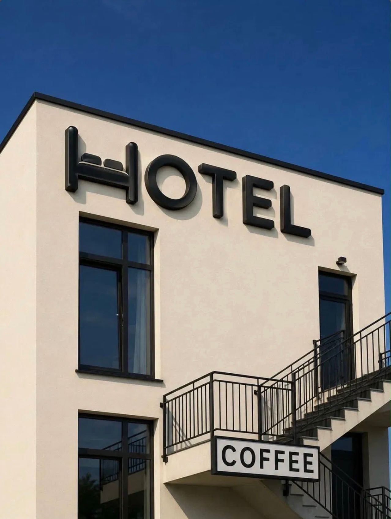 Latura clădirii: firma HOTEL cu un pat în litera H, scară exterioară și indicatorul COFFEE